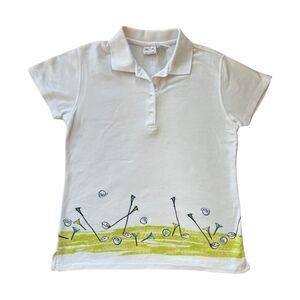 Line-Up Women’s Golf Graphic Trimmed Golf Tees Clubs Collared 4 Button SS Polo